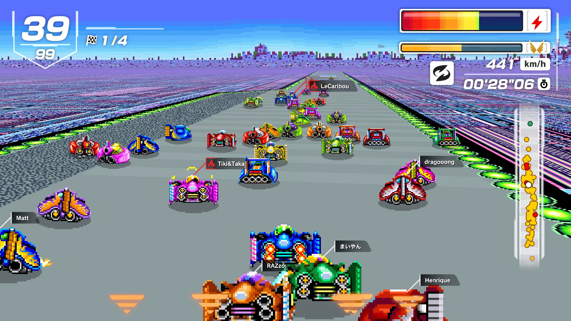 F-Zero 99 features courses and machines from the original Super NES game, but with 99 racers on the course