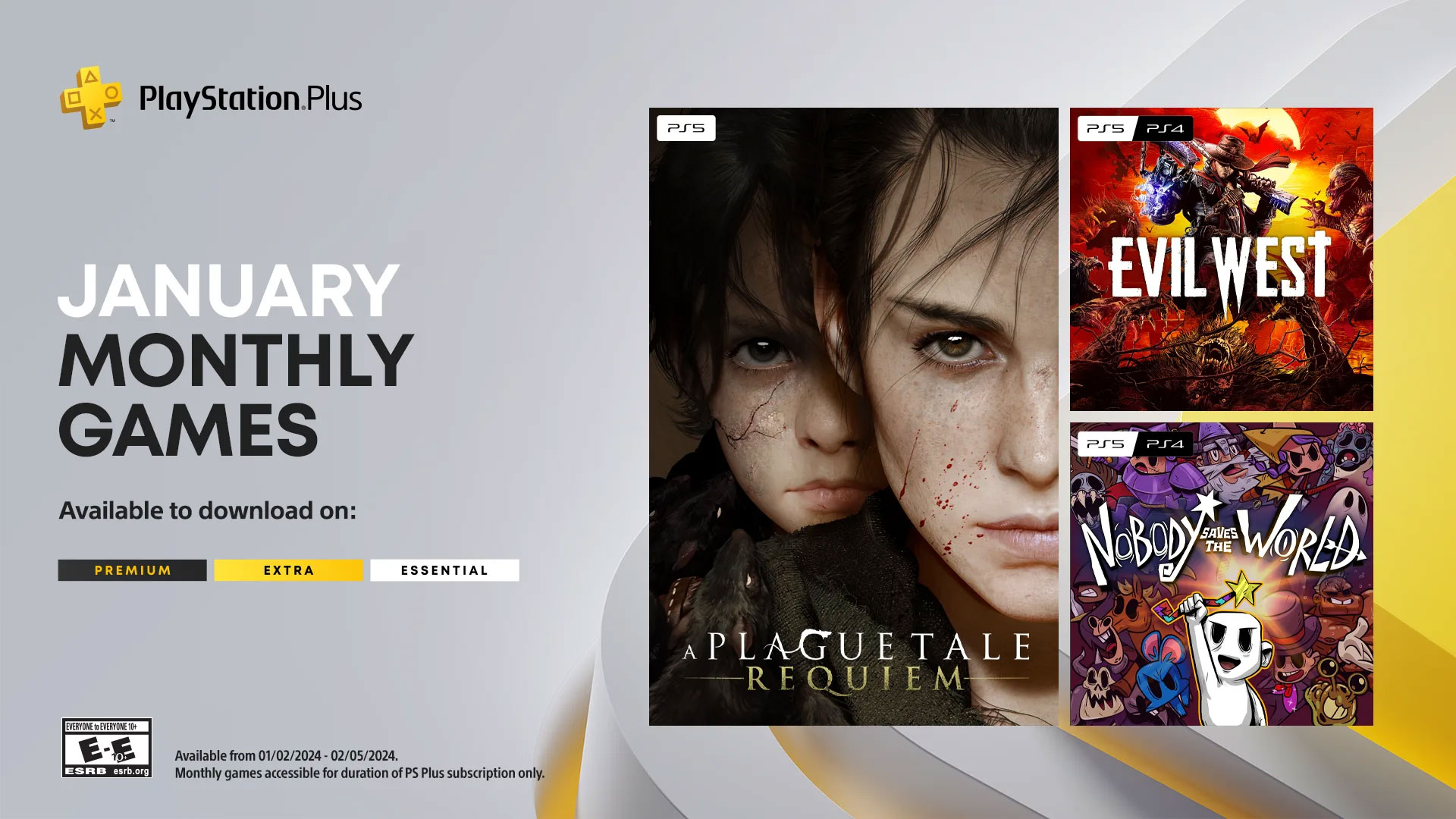 The PlayStation Plus Monthly Games for January include A Plague Tale: Requiem, Evil West, and Nobody Saves the World